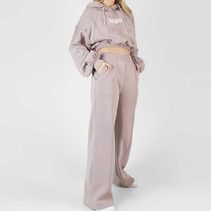 Wholesale streetwear 100%cotton fleece scrunchy <b>string</b> bottom women tracksuits crop <b>top</b> slim fit trouser jogging suits tracksuit - Product Image 4