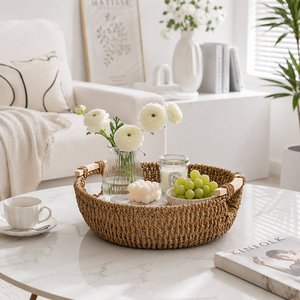Natural Seagrass Round <b>Tray</b> Handmade Woven Serving <b>Basket</b> with Handles for Coffee Table Dining Table Decoration - Product Image 1