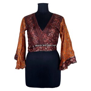 Tops de seda vintage para verano, cómodos, elegantes y sexys, top corto de seda y top de yoga, talla única, manga acampanada, informal, para fiesta. - Product Image 2