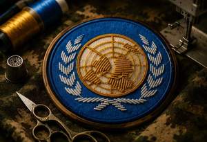 Sky Blue Gold Bullion Hand Embroidered Eco-Friendly Nonwoven Round <b>Sew</b>-<b>On</b> Felt <b>Patches</b> for Hat Beret Blazer & Peak Cap-Wholesale - Product Image 2