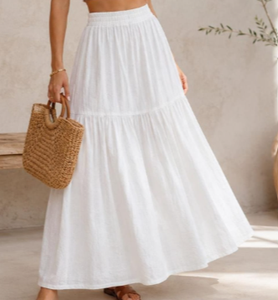 Boho White Tiered A-Line Maxi <b>Skirt</b> Women Summer Casual <b>Elastic</b> Waist Flowy Cotton Natural Waist Beachwear Holiday Outfit - Product Image 6