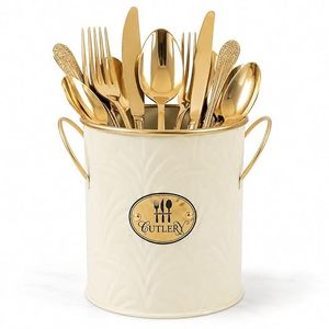 Élégant porte-couverts en métal crème avec poignées dorées et logo ovale pour la cuisine - Product Image 4