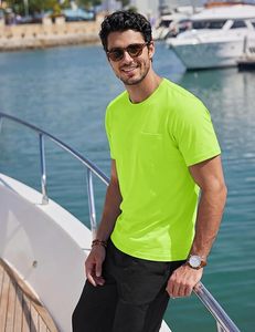 Men's <b>Lime</b> <b>Green</b> Cotton T-<b>Shirt</b> Short Sleeve O-Neck Pocket Casual Jersey Knitted Solid Color Tee - Product Image 3
