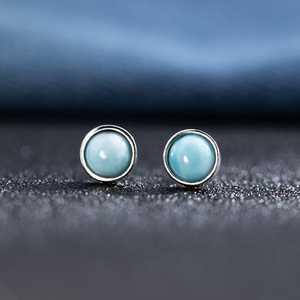 Natural Larimar <b>Stud</b> Earrings 925 Sterling <b>Silver</b> Gemstone Bezel Jewelry For Women Gift Wholesale - Product Image 1