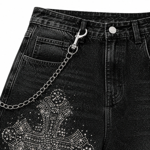 Custom Men's Solid <b>Black</b> Rhinestone Casual Denim Baggy Streetwear <b>Jeans</b> OEM ODM Wholesale Fashion <b>Shorts</b> High Quality Windproof - Product Image 6