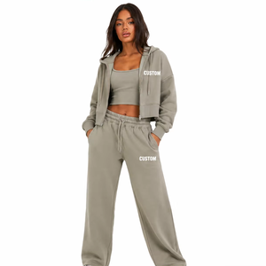 Ensemble décontracté pour femmes, gris pierre, avec veste courte zippée et pantalon large, personnalisable avec logo, OEM, ODM, marque privée, fournisseur en gros - Product Image 1