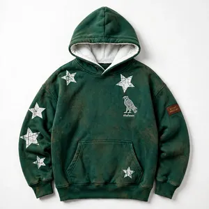 OEM Forest Green Sun Faded <b>Hoodie</b> Vintage Crackle Star <b>Sherpa</b> <b>Lined</b> Shaheen Falcon Grunge Y2K Boxy Oversized Heavyweight 500GSM - Product Image 1