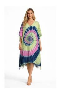 Caftán Largo de Viscosa Tie-Dye, Estilo Bohemio, Ecológico, Cuello en V, Transpirable, Asimétrico - Product Image 2