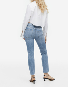 Jean évasé taille haute pour femme, coupe slim polyvalente, jambe large, en denim délavé et perforé, design tendance, OEM - Product Image 4