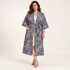 Women's Green Animal <b>Print</b> Knee Length Long Sleeve Casual Wear Drawstring Closure Cotton Block <b>Printed</b> Kimono Style V-neck - Product Image 1