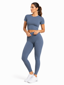 Ensemble de yoga 2 pièces : Crop top col rond et Legging taille haute longueur intégrale, sans couture, taille élastique, en Spandex/Nylon, séchage rapide - Product Image 1