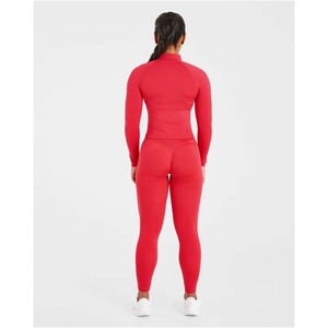 Women Red Full Length Yoga Jumpsuit High Waist Long Sleeve Zipper Tummy Control <b>Shapewear</b> <b>Bodysuit</b> - Product Image 2