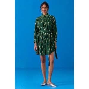 Vestido Camisero de Algodón Estampado Verde para Mujer, con Cinturón en la Cintura, Manga Larga, Estilo Casual, con Botones - Product Image 4