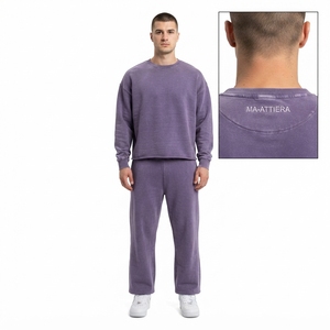 Men Purple Washed Crewneck Sweatshirt <b>Jogger</b> Pants <b>Set</b> <b>Matching</b> Two Piece Casual Streetwear Tracksuit - Product Image 1