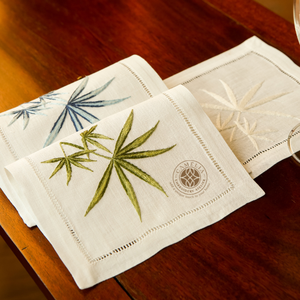 Bamboo leaf embroidered cocktail <b>linen</b> napkin, artistic and durable, Asian-inspired for tea ceremonies and gifts. - Product Image 1