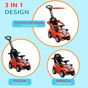 Passeggino scorrevole 3 in 1 con barriera di sicurezza rossa, maniglia rimovibile, corno musicale e tettuccio per passeggini e giocattoli da trainare - Product Image 4