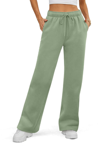 Pantalon en molleton à taille haute et jambes larges pour femme, couleur unie, fermeture à cordon, coupe ample, longueur intégrale, décontracté, pour l'automne, vert, unisexe - Product Image 5