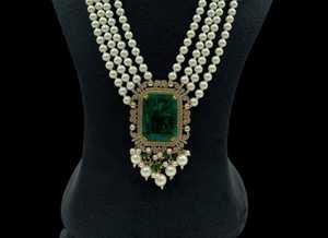 Emerald & Pearl Indian Gold Plated Brass Jewelry Set Victorian Wedding Necklace Earrings Design Party Handmade - Product Image 3