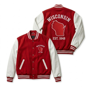 Chaqueta Universitaria de Wisconsin para Hombre, Roja y Blanca, con Mangas de Cuero PU, Bordada, Estilo Bomber, para Otoño, Uso Casual - Product Image 1