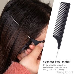 Peine de peluquería profesional duradero para salón, de plástico con dientes finos, para trenzar, teñir y seccionar, con púa de metal de acero inoxidable. - Product Image 6