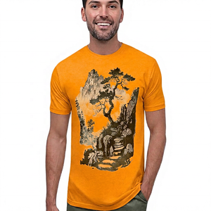 Camiseta de Manga Corta Beige para Hombre con Estampado de Pinos Pintado a Mano, Cuello Redondo, Corte Regular, Ropa Casual - Product Image 5