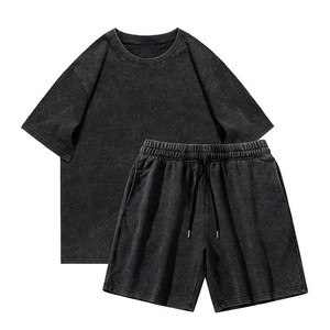 Conjunto de camiseta y pantalones cortos de algodón para hombre, informal, de verano, de color sólido, cuello redondo, manga corta, con pantalones cortos con cordón, transpirable, de punto. - Product Image 1