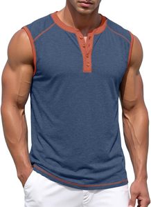<b>Men's</b> Blue Sleeveless <b>Henley</b> Tank <b>Top</b> Button Detail Casual Knitted Spandex/Cotton Muscle Shirt-Eco-Friendly Quick Dry Breathable - Product Image 4