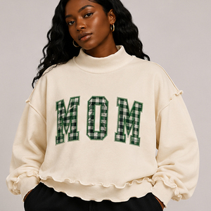 Women’s Heavyweight Loose Mockneck Sweatshirt Custom Gingham Plaid <b>Patchwork</b> Oversized Varsity <b>Tops</b> Winter Autumn Wear - Product Image 3
