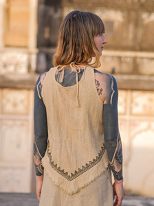 Bohemian Linen Tunic Vest Featuring Geometric Tribal Print Details Sleeveless Raw Cotton <b>Festival</b> Tank <b>Top</b> - Product Image 5