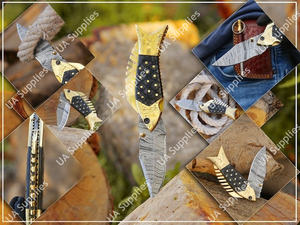 Couteau de pêche pliable professionnel en acier Damas UA Supplies, 58 HRC, ultra-affûté, manche en bois et laiton, lame à pointe tombante, faible MOQ - Product Image 6