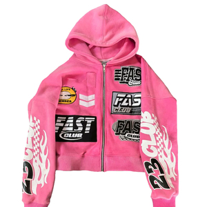 Sweat-shirt à capuche zippé personnalisé pour femme, style streetwear, en molleton de coton épais, avec patchwork graphique, coupe oversize hip-hop - Product Image 2