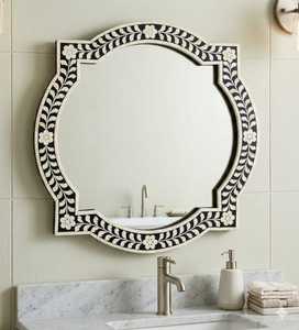 Bohemian Bone Inlay Wall <b>Mirror</b> With Floral Inlay <b>Frame</b> Irregular Shape Handmade Bathroom Decor - Product Image 1
