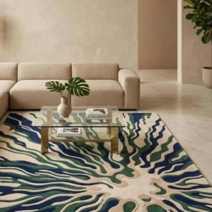 Abstract Modern Area Rug Blue Green Hand Tufted Wave Pattern Artistic Living Room Carpet Soft Luxury <b>Floor</b> Decor Contemporary - Product Image 4