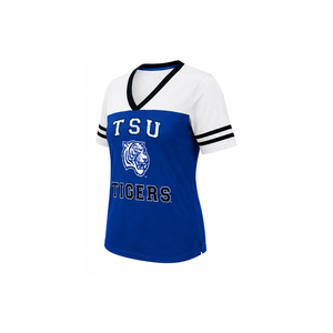 Camiseta Personalizada Azul y Blanca con Cuello en V para Mujer, Estilo Jersey Deportivo, Manga Corta, Marca Privada OEM - Product Image 4