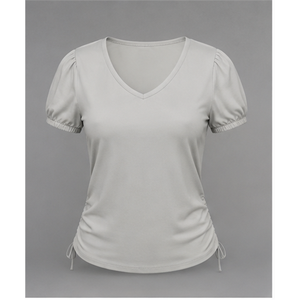 Camiseta Ajustada de Manga Corta con Cuello en V y Mangas Abullonadas en Gris Claro para Mujer WTS-0064 - Product Image 1