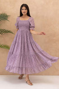 Robe midi en mousseline à imprimé floral lavande avec manches bouffantes, coupe trapèze ample, style bohème, col carré, taille élastique, pour le quotidien, été - Product Image 4
