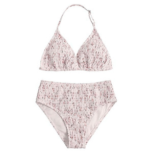 Womens Two Piece <b>Bikini</b> Set Halter <b>Top</b> High Waist Bottoms Digital Print Ruched Stretch Swimwear Patterned Purple <b>White</b> Bathing - Product Image 5