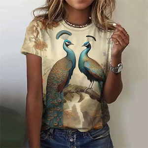 Camiseta de moda para mujer con estampado gráfico 3D de pavo real, camisetas de verano de manga corta, camisetas holgadas transpirables de poliéster con cuello redondo - Product Image 3