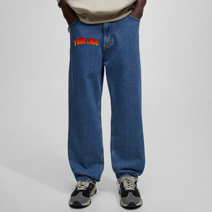 Jean en denim 100 % coton OEM personnalisé pour homme, coupe droite, délavé, avec logo brodé, bleu/bleu foncé, pantalon large et ample - Product Image 3