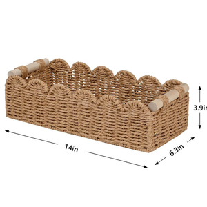 Neutral Rattan <b>Storage</b> <b>Basket</b> with 2 Wooden Handles, Scalloped Edge Toilet Paper <b>Basket</b> for Bathroom Shelf Decor - Product Image 2