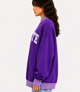 THETE Custom Women’s Heavyweight Oversized Mock neck Sweatshirt Plaid Gingham <b>Patchwork</b> Casual Varsity Streetwear <b>Top</b> - Product Image 2