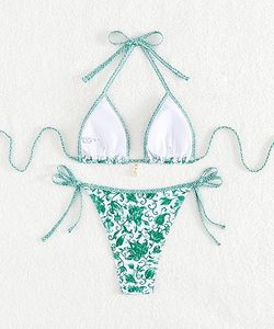 Tough Band Halter Neckline Floral Pattern Bikini with <b>V</b>-<b>String</b> Bottom 2-Piece Set in Spandex/Nylon Fabric Custom Beachwear - Product Image 5