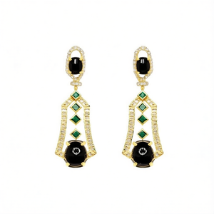 Boucles d'oreilles pendantes tendance en opale noire et émeraude, bijoux faits main, design moderne et élégant - Product Image 1