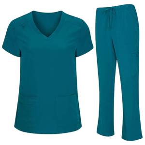 Haut de blouse médicale blanc pour femme à col en V et manches courtes avec deux poches, uniforme d'hôpital en mélange de coton et de polyester tissé - Product Image 2