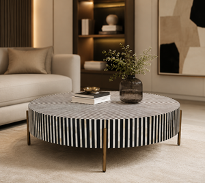 Table basse ronde moderne faite à la main, noire et blanche, en bois, meuble d'appoint pour salon - Product Image 1