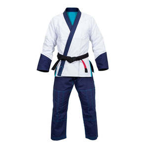 <b>White</b> Blue Judo Gi Uniform Adult Unisex Regular Fit with Black <b>Belt</b> and Contrast Stitching Stretch Lightweight Breathable - Product Image 1