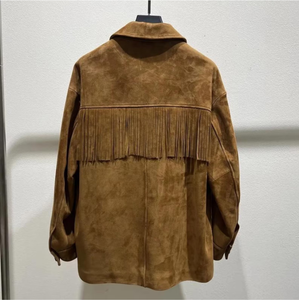 Chaqueta de cuero para mujer con flecos, cuello vuelto, manga larga, estilo otoñal, cierre de un solo botón, color sólido - Product Image 6