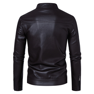 Blouson moto en cuir noir pour homme, col montant, fermeture éclair, coupe ajustée, couleur unie, pour l'automne - Product Image 6