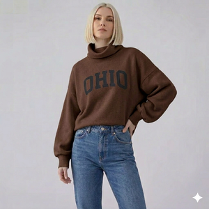 Suéter de Punto Estampado de Invierno para Mujer, Cuello Alto, Corte Holgado y Relajado, Estética Moderna y Sencilla para Uso Diario - Product Image 1