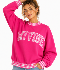 Sudadera de cuello simulado personalizada para mujer con ribete de lunares en contraste, aplique de letras, manga larga, holgada, informal, de fabricante - Product Image 5